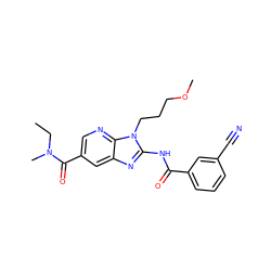 CCN(C)C(=O)c1cnc2c(c1)nc(NC(=O)c1cccc(C#N)c1)n2CCCOC ZINC000064527693