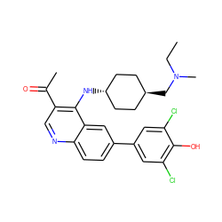 CCN(C)C[C@H]1CC[C@H](Nc2c(C(C)=O)cnc3ccc(-c4cc(Cl)c(O)c(Cl)c4)cc23)CC1 ZINC000473183400