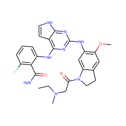 CCN(C)CC(=O)N1CCc2cc(OC)c(Nc3nc(Nc4cccc(F)c4C(N)=O)c4cc[nH]c4n3)cc21 ZINC000044404977