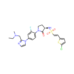 CCN(C)Cc1nccn1-c1ccc(N2CC[C@@H](NS(=O)(=O)/C=C/c3ccc(Cl)s3)C2=O)c(F)c1 ZINC000029131337