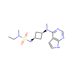 CCN(C)S(=O)(=O)N[C@H]1C[C@@H](N(C)c2ncnc3[nH]ccc23)C1 ZINC001772575045