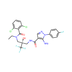 CCN(C[C@@](O)(CNC(=O)c1cnn(-c2ccc(F)cc2)c1N)C(F)(F)F)C(=O)c1c(Cl)cccc1Cl ZINC000039187981