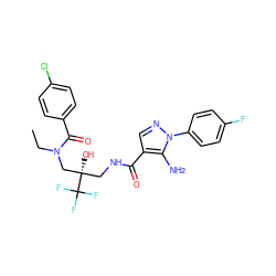 CCN(C[C@@](O)(CNC(=O)c1cnn(-c2ccc(F)cc2)c1N)C(F)(F)F)C(=O)c1ccc(Cl)cc1 ZINC000049867747