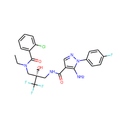 CCN(C[C@@](O)(CNC(=O)c1cnn(-c2ccc(F)cc2)c1N)C(F)(F)F)C(=O)c1ccccc1Cl ZINC000042876364