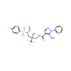 CCN(C[C@@](O)(CNC(=O)c1cnn(-c2ccccc2)c1N)C(F)(F)F)S(=O)(=O)c1ccc(F)cc1 ZINC000043073794