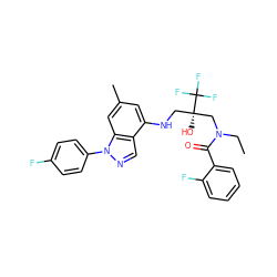 CCN(C[C@@](O)(CNc1cc(C)cc2c1cnn2-c1ccc(F)cc1)C(F)(F)F)C(=O)c1ccccc1F ZINC000043079150