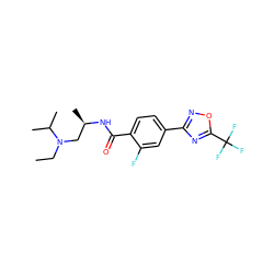 CCN(C[C@@H](C)NC(=O)c1ccc(-c2noc(C(F)(F)F)n2)cc1F)C(C)C ZINC000142944374