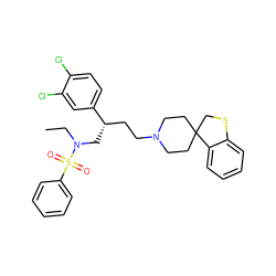 CCN(C[C@@H](CCN1CCC2(CC1)CSc1ccccc12)c1ccc(Cl)c(Cl)c1)S(=O)(=O)c1ccccc1 ZINC000026578234