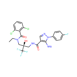 CCN(C[C@](O)(CNC(=O)c1cnn(-c2ccc(F)cc2)c1N)C(F)(F)F)C(=O)c1c(Cl)cccc1Cl ZINC000044359334