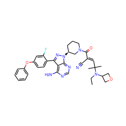 CCN(C1COC1)C(C)(C)/C=C(\C#N)C(=O)N1CCC[C@H](n2nc(-c3ccc(Oc4ccccc4)cc3F)c3c(N)ncnc32)C1 ZINC000207709858