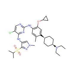 CCN(CC)[C@H]1CC[C@@H](c2cc(OC3CC3)c(Nc3ncc(Cl)c(Nc4cn(C)nc4S(=O)(=O)C(C)C)n3)cc2C)CC1 ZINC000653736180