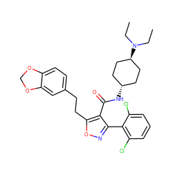 CCN(CC)[C@H]1CC[C@H](NC(=O)c2c(-c3c(Cl)cccc3Cl)noc2CCc2ccc3c(c2)OCO3)CC1 ZINC000253819988