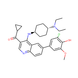 CCN(CC)[C@H]1CC[C@H](Nc2c(C(=O)C3CC3)cnc3ccc(-c4cc(Cl)c(O)c(OC)c4)cc23)CC1 ZINC000473200833