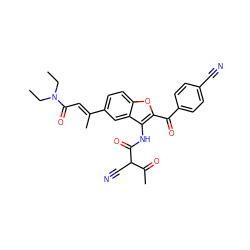 CCN(CC)C(=O)/C=C(\C)c1ccc2oc(C(=O)c3ccc(C#N)cc3)c(NC(=O)C(C#N)C(C)=O)c2c1 ZINC000147432245