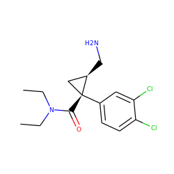 CCN(CC)C(=O)[C@@]1(c2ccc(Cl)c(Cl)c2)C[C@H]1CN ZINC000028819398