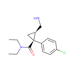 CCN(CC)C(=O)[C@@]1(c2ccc(Cl)cc2)C[C@H]1CN ZINC000001846952