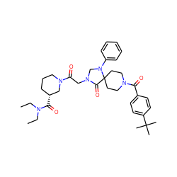 CCN(CC)C(=O)[C@@H]1CCCN(C(=O)CN2CN(c3ccccc3)C3(CCN(C(=O)c4ccc(C(C)(C)C)cc4)CC3)C2=O)C1 ZINC000066259627