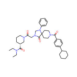 CCN(CC)C(=O)[C@@H]1CCCN(C(=O)CN2CN(c3ccccc3)C3(CCN(C(=O)c4ccc(C5CCCCC5)cc4)CC3)C2=O)C1 ZINC000066259629