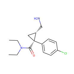 CCN(CC)C(=O)[C@]1(c2ccc(Cl)cc2)C[C@@H]1CN ZINC000005649649