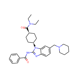 CCN(CC)C(=O)[C@H]1CC[C@@H](n2c(NC(=O)c3ccccc3)nc3ccc(CN4CCCCC4)cc32)CC1 ZINC001772591002