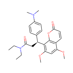 CCN(CC)C(=O)C[C@@H](c1ccc(N(C)C)cc1)c1c(OC)cc(OC)c2ccc(=O)oc12 ZINC000013661539