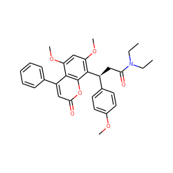 CCN(CC)C(=O)C[C@@H](c1ccc(OC)cc1)c1c(OC)cc(OC)c2c(-c3ccccc3)cc(=O)oc12 ZINC000013830294