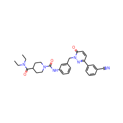 CCN(CC)C(=O)C1CCN(C(=O)Nc2cccc(Cn3nc(-c4cccc(C#N)c4)ccc3=O)c2)CC1 ZINC000096909781