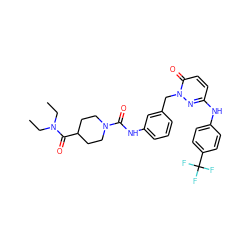 CCN(CC)C(=O)C1CCN(C(=O)Nc2cccc(Cn3nc(Nc4ccc(C(F)(F)F)cc4)ccc3=O)c2)CC1 ZINC000096909764