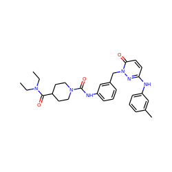 CCN(CC)C(=O)C1CCN(C(=O)Nc2cccc(Cn3nc(Nc4cccc(C)c4)ccc3=O)c2)CC1 ZINC000096909785