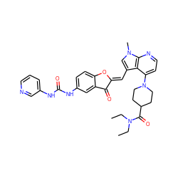 CCN(CC)C(=O)C1CCN(c2ccnc3c2c(/C=C2\Oc4ccc(NC(=O)Nc5cccnc5)cc4C2=O)cn3C)CC1 ZINC000049793278