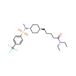 CCN(CC)C(=O)CCCC[C@H]1CC[C@H](N(C)S(=O)(=O)c2ccc(C(F)(F)F)cc2)CC1 ZINC000261138899