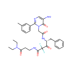 CCN(CC)C(=O)CCNC(=O)C(F)(F)C(=O)[C@@H](Cc1ccccc1)NC(=O)Cn1c(-c2cccc(C)c2)ncc(N)c1=O ZINC000028756468