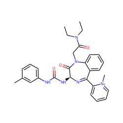 CCN(CC)C(=O)CN1C(=O)[C@H](NC(=O)Nc2cccc(C)c2)N=C(c2cccc[n+]2C)c2ccccc21 ZINC000013763996