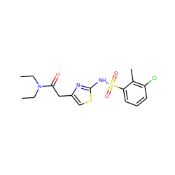 CCN(CC)C(=O)Cc1csc(NS(=O)(=O)c2cccc(Cl)c2C)n1 ZINC000000595364