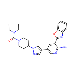 CCN(CC)C(=O)N1CCC(n2cc(-c3cnc(N)c(-c4nc5ccccc5o4)c3)cn2)CC1 ZINC000053230489