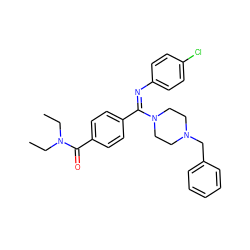 CCN(CC)C(=O)c1ccc(/C(=N/c2ccc(Cl)cc2)N2CCN(Cc3ccccc3)CC2)cc1 ZINC000029467737