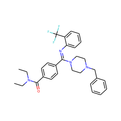 CCN(CC)C(=O)c1ccc(/C(=N/c2ccccc2C(F)(F)F)N2CCN(Cc3ccccc3)CC2)cc1 ZINC000029467740