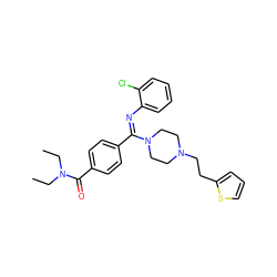 CCN(CC)C(=O)c1ccc(/C(=N/c2ccccc2Cl)N2CCN(CCc3cccs3)CC2)cc1 ZINC000013972868