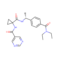 CCN(CC)C(=O)c1ccc([C@@H](C)NC(=O)C2(NC(=O)c3cncnc3)CC2)cc1 ZINC000045338522