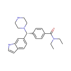 CCN(CC)C(=O)c1ccc([C@H](c2ccc3cc[nH]c3c2)N2CCNCC2)cc1 ZINC000022939850