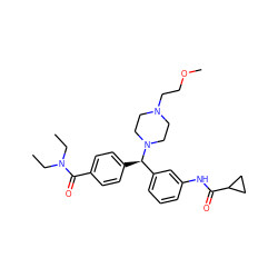 CCN(CC)C(=O)c1ccc([C@H](c2cccc(NC(=O)C3CC3)c2)N2CCN(CCOC)CC2)cc1 ZINC000073157509