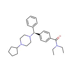 CCN(CC)C(=O)c1ccc([C@H](c2ccccc2)N2CCN(C3CCCC3)CC2)cc1 ZINC000028761789