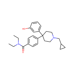 CCN(CC)C(=O)c1ccc(C2(c3cccc(O)c3)CCN(CC3CC3)CC2)cc1 ZINC000045340341