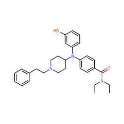 CCN(CC)C(=O)c1ccc(N(c2cccc(O)c2)C2CCN(CCc3ccccc3)CC2)cc1 ZINC000045256141