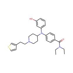 CCN(CC)C(=O)c1ccc(N(c2cccc(O)c2)C2CCN(CCc3ccsc3)CC2)cc1 ZINC000045318698