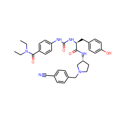 CCN(CC)C(=O)c1ccc(NC(=O)N[C@@H](Cc2ccc(O)cc2)C(=O)N[C@@H]2CCN(Cc3ccc(C#N)cc3)C2)cc1 ZINC000044350660