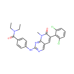 CCN(CC)C(=O)c1ccc(Nc2ncc3cc(-c4c(Cl)cccc4Cl)c(=O)n(C)c3n2)cc1 ZINC000013812768