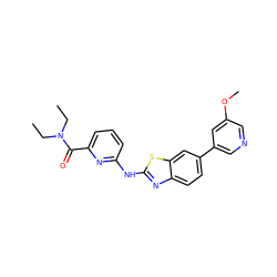 CCN(CC)C(=O)c1cccc(Nc2nc3ccc(-c4cncc(OC)c4)cc3s2)n1 ZINC000068247644