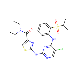 CCN(CC)C(=O)c1csc(Nc2ncc(Cl)c(Nc3ccccc3S(=O)(=O)C(C)C)n2)n1 ZINC000299824622