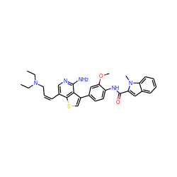 CCN(CC)C/C=C\c1cnc(N)c2c(-c3ccc(NC(=O)c4cc5ccccc5n4C)c(OC)c3)csc12 ZINC000028822584